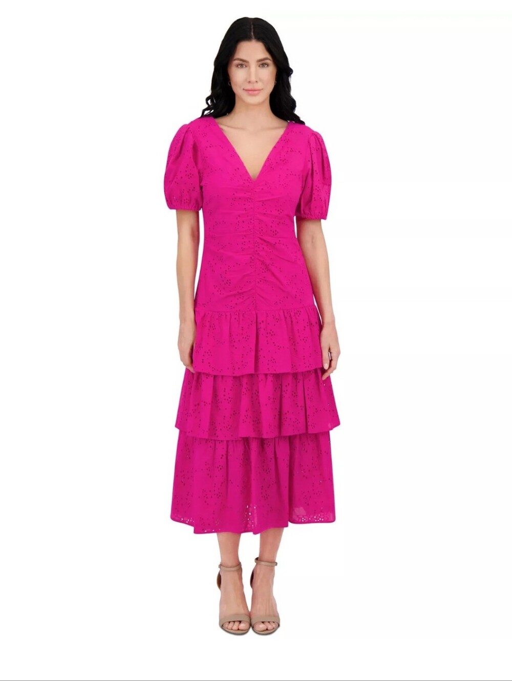 Kensie NWT Hot Pink Eyelet Cotton Tiered Ruffle Midi Dress Size 4 $140 Barbie